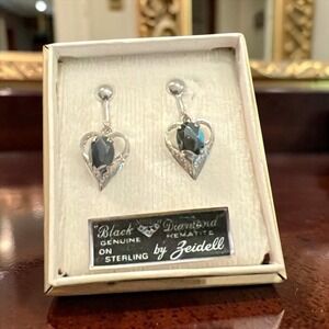 Vintage Zeidell Black Diamond Hematite Sterling Silver Heart Earrings Box